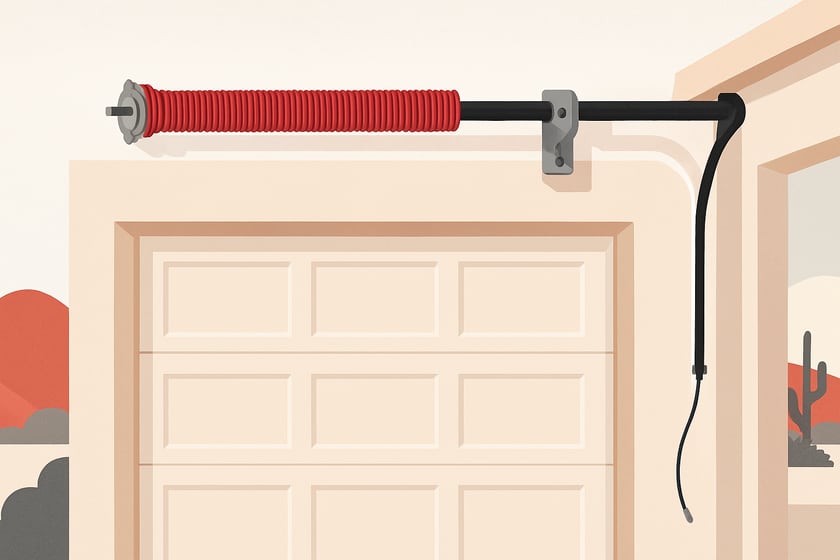 Illustration of a torsion spring on its shaft above a closed garage door, for the article Broken garage door spring repair, replacement and installation in Silverado Ranch.