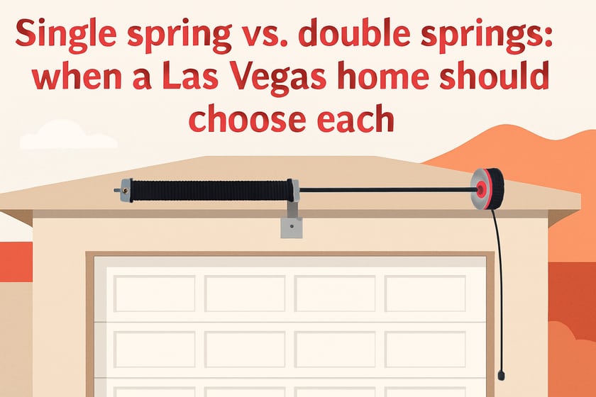 Illustration of a torsion spring on its shaft above a closed garage door, for the article Single spring vs double springs: when a Las Vegas home should choose each.