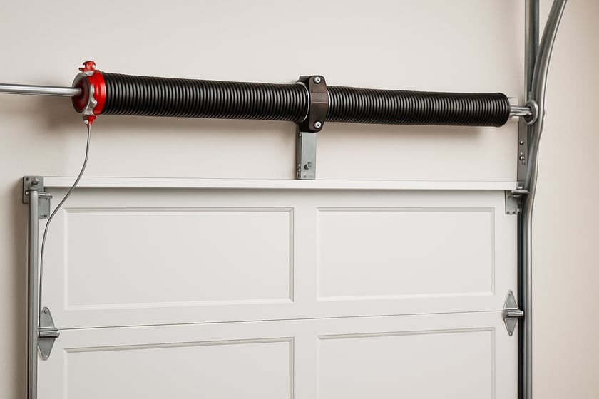 Product shot of a torsion spring on its shaft above a closed garage door, for the article Broken garage door spring repair, replacement and installation in Skye Canyon.