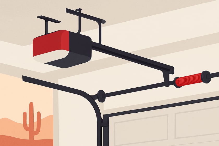 Illustration of a ceiling mounted garage door opener with its rail and trolley, for the article Skylink garage door opener repair and replacement in Las Vegas.