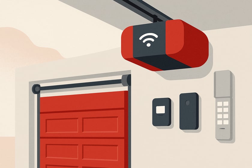 Illustration of a wifi garage door opener with a remote and wireless keypad, for the article What Is Actually Included In Smart Garage Door Opener Installation, And What Is An Add On.