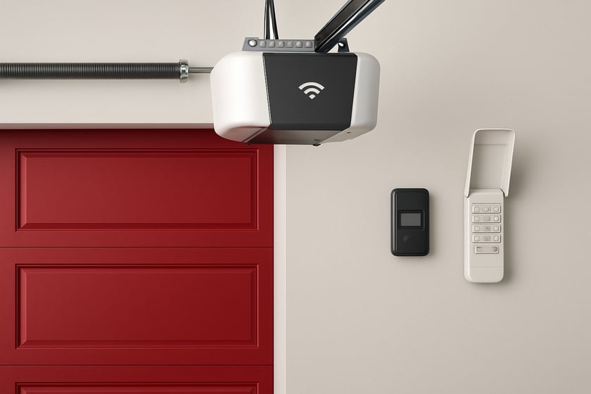 Product shot of a wifi garage door opener with a remote and wireless keypad, for the article What Is Actually Included in Smart Garage Door Opener Installation, and What Is an Add-On.