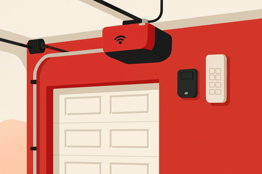 Illustration of a wifi garage door opener with a remote and wireless keypad, for the article What Is Actually Included In Smart Garage Door Opener Installation, And What Is An Add-On.