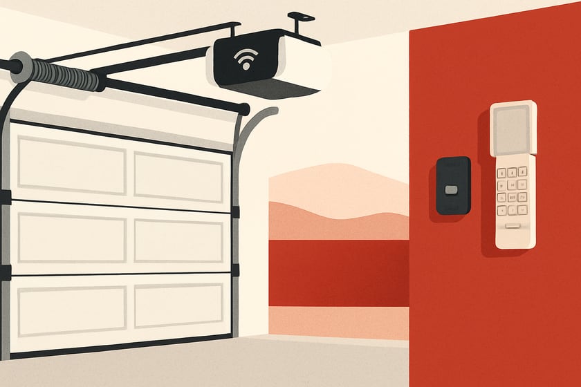 Illustration of a wifi garage door opener with a remote and wireless keypad, for the article What Is Actually Included In Smart Garage Door Opener Installation, And What Is An Add On.