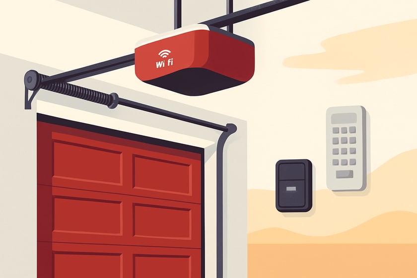 Illustration of a wifi garage door opener with a remote and wireless keypad, for the article What Is Actually Included In Smart Garage Door Opener Installation, And What Is An Add On.