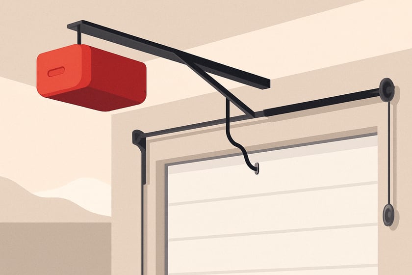 Illustration of a ceiling mounted garage door opener with its rail and trolley, for the article Sommer garage door opener repair and replacement in Las Vegas homes.
