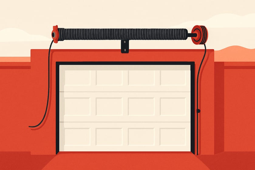 Illustration of a torsion spring on its shaft above a closed garage door, for the article Broken garage door spring repair, replacement and installation in Southern Highlands.