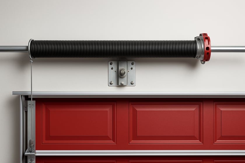 Product shot of a torsion spring on its shaft above a closed garage door, for the article Broken garage door spring repair, replacement and installation in Spanish Trail.