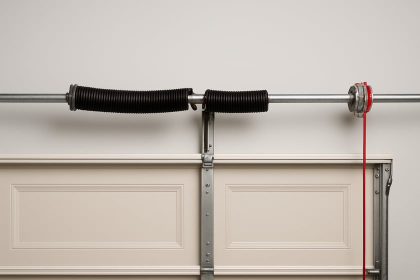 Product shot of a torsion spring on its shaft above a closed garage door, for the article Broken garage door spring repair, replacement and installation in Spring Valley.
