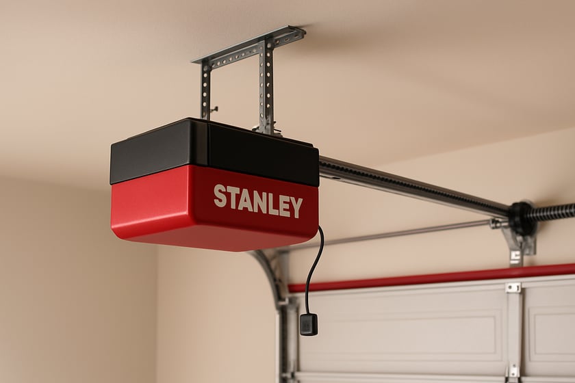 Product shot of a ceiling mounted garage door opener with its rail and trolley, for the article Stanley garage door opener repair and replacement in Las Vegas homes.