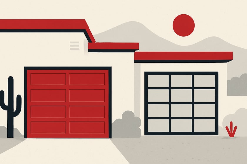 Illustration of a house exterior with a new closed sectional garage door, for the article Steel insulated vs full glass garage doors: when a Las Vegas home should choose each.