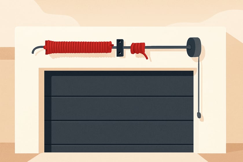 Illustration of a torsion spring on its shaft above a closed garage door, for the article Broken garage door spring repair, replacement and installation in Summerlin.