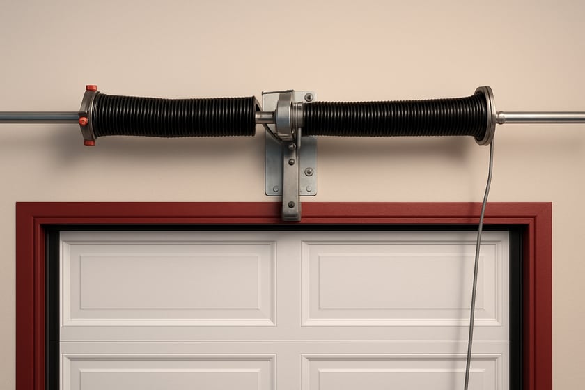 Product shot of a torsion spring on its shaft above a closed garage door, for the article Broken garage door spring repair, replacement and installation in Summerlin South.