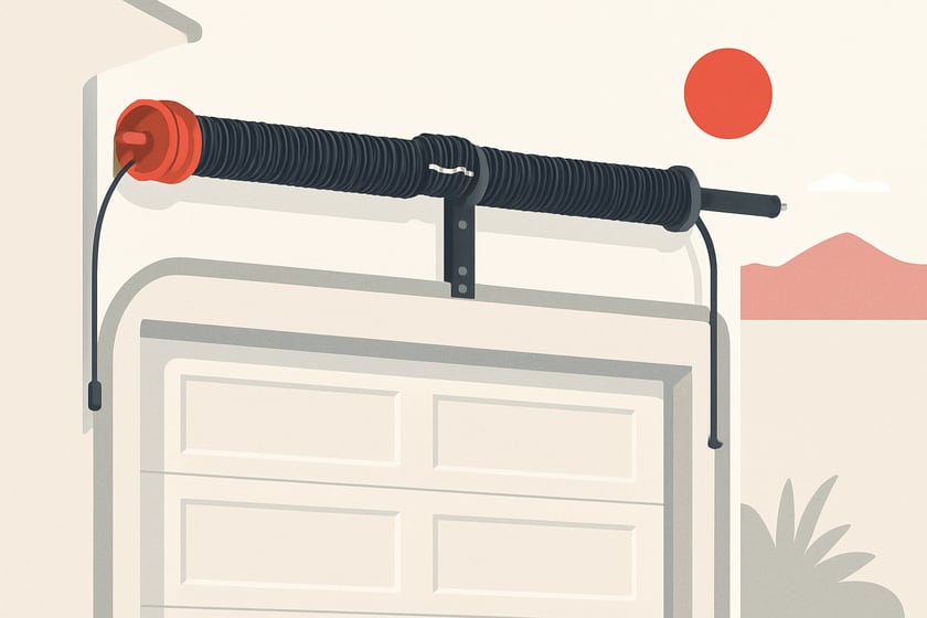 Illustration of a torsion spring on its shaft above a closed garage door, for the article Broken garage door spring repair, replacement and installation in Sun City Anthem.