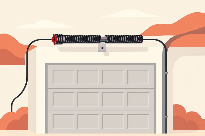 Illustration of a torsion spring on its shaft above a closed garage door, for the article Broken garage door spring repair, replacement and installation in Sun City Summerlin.