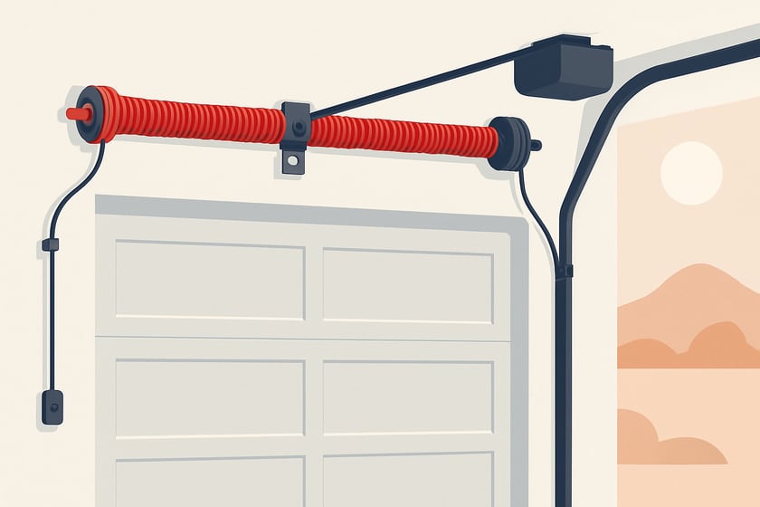 Illustration of a torsion spring on its shaft above a closed garage door, for the article Broken garage door spring repair, replacement and installation in Sunrise Manor.