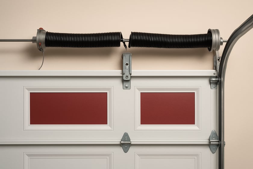 Product shot of a torsion spring on its shaft above a closed garage door, for the article Broken garage door spring repair, replacement and installation in Sunrise Mountain.
