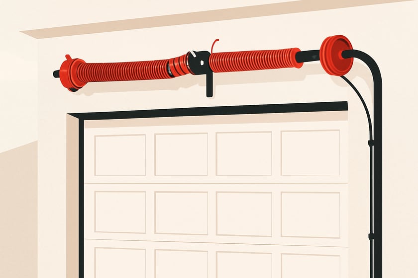 Illustration of a torsion spring on its shaft above a closed garage door, for the article Broken garage door spring repair, replacement and installation in The Lakes.