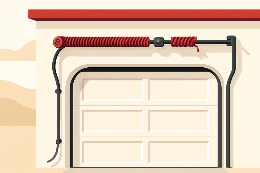 Illustration of a torsion spring on its shaft above a closed garage door, for the article Broken garage door spring repair, replacement and installation in The Ridges.