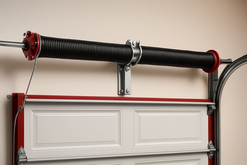 Product shot of a torsion spring on its shaft above a closed garage door, for the article Torsion vs Extension Springs: When a Las Vegas Home Should Choose Each.