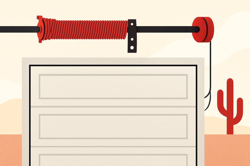 Illustration of a torsion spring on its shaft above a closed garage door, for the article Torsion springs vs extension springs: when a Las Vegas home should choose each.