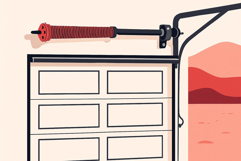Illustration of a torsion spring on its shaft above a closed garage door, for the article Broken garage door spring repair, replacement and installation in Tule Springs.