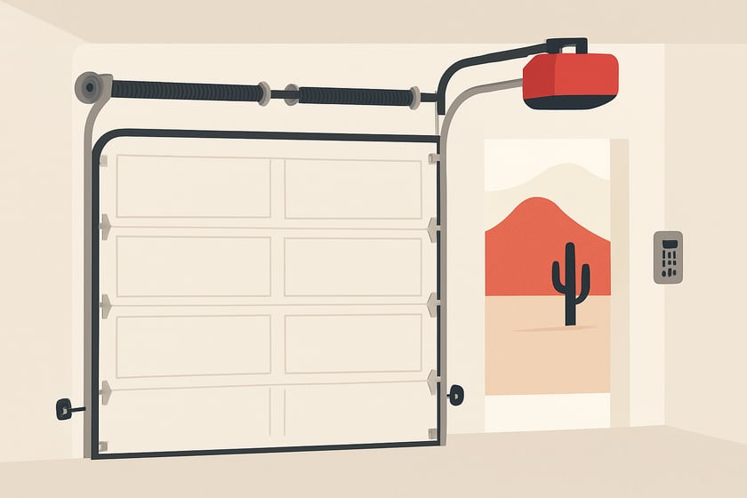 Illustration of a sectional garage door with its spring, cables and rollers, for the article New UL 325 opener safety update in 2026: does a Las Vegas homeowner or landlord need to act?