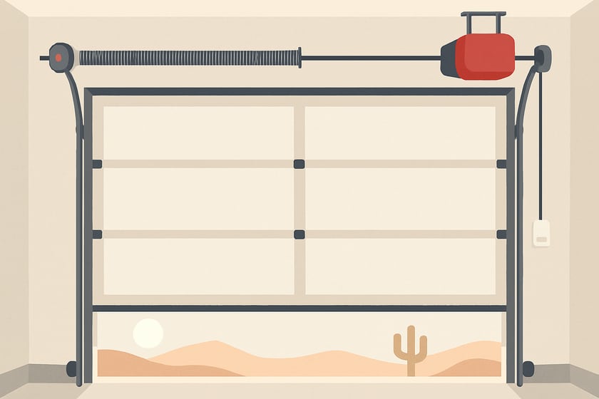 Illustration of a sectional garage door with its spring, cables and rollers, for the article UL 325 Seventh Edition Update For Garage Door Openers: Does A Las Vegas Homeowner Or Landlord Need To Act?