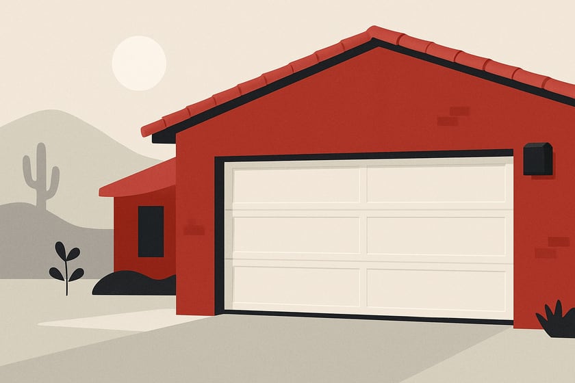 Illustration of a house exterior with a new closed sectional garage door, for the article What Happens If You Wait To Replace Badly Dented Garage Door Panels.