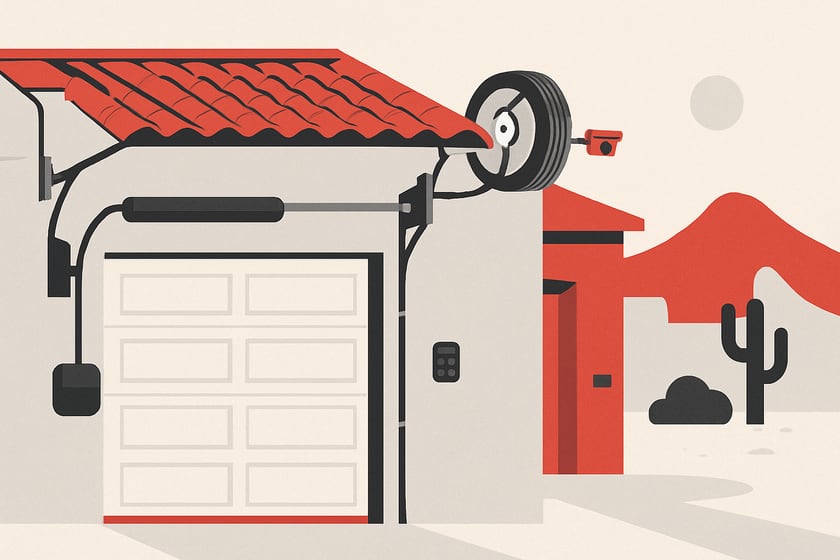 Illustration of a house exterior with a new closed sectional garage door, for the article Wayne Dalton garage doors in Las Vegas: springs, repair and replacement.