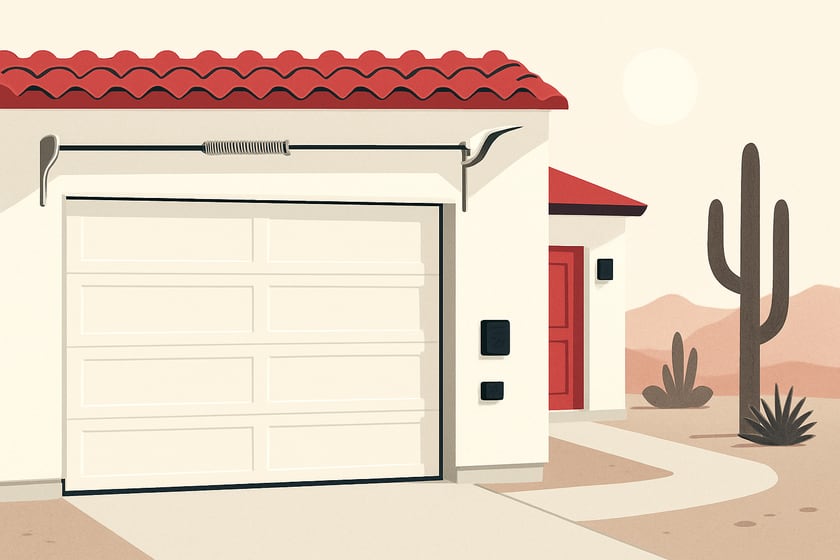 Illustration of a house exterior with a new closed sectional garage door, for the article What Drives the Price of a New Garage Door Installation in Las Vegas and What a Written Price Should List.