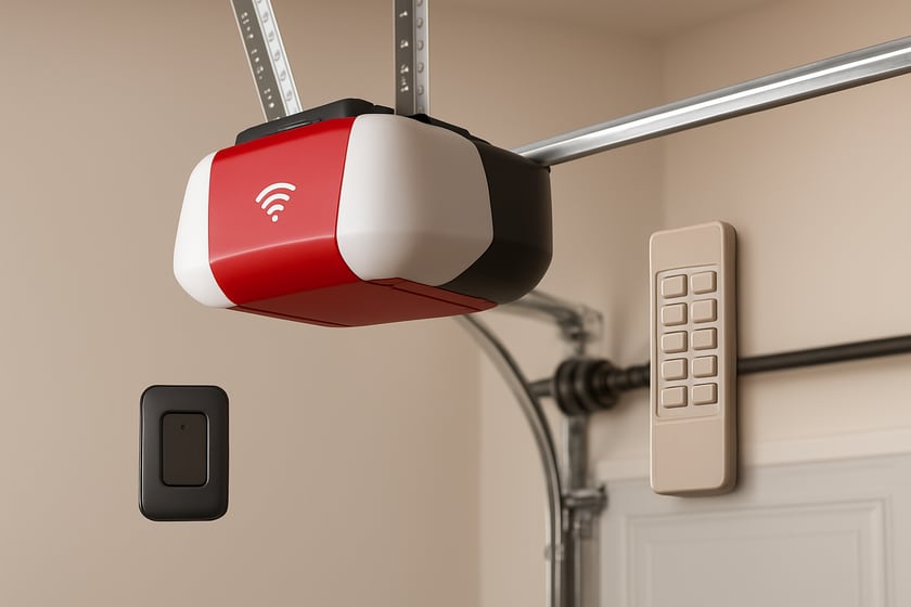 Product shot of a wifi garage door opener with a remote and wireless keypad, for the article What Fails First On Garage Doors In Green Valley And Why It Matters For Smart Openers.