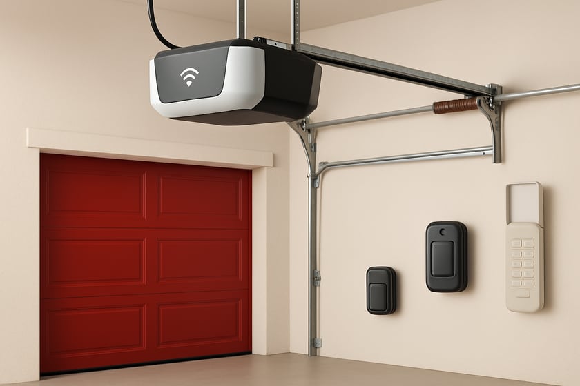 Product shot of a wifi garage door opener with a remote and wireless keypad, for the article What Fails First on Garage Doors in Henderson, and How Smart Openers Help.