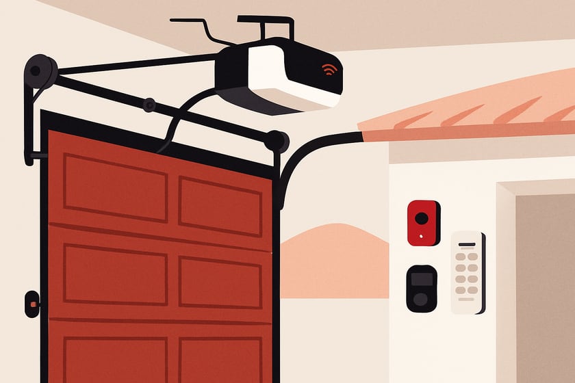 Illustration of a wifi garage door opener with a remote and wireless keypad, for the article What fails first on garage doors in Las Vegas, and why smart openers expose it.