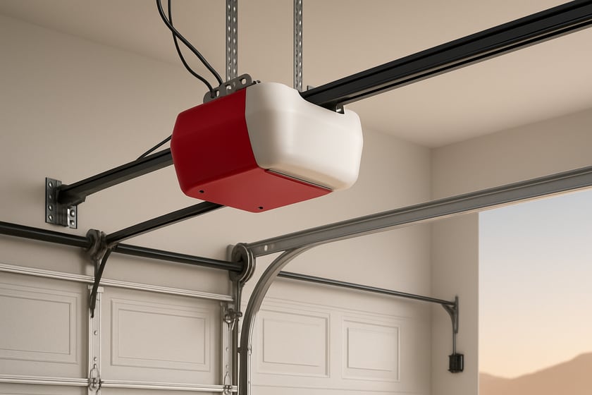 Product shot of a ceiling mounted garage door opener with its rail and trolley, for the article What fails first on garage doors in North Las Vegas, and why that often means the opener.