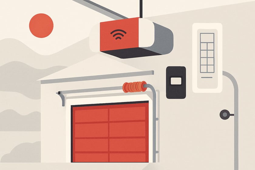 Illustration of a wifi garage door opener with a remote and wireless keypad, for the article What Fails First on Garage Doors in Silverado Ranch, and Why It Matters for Smart Openers.