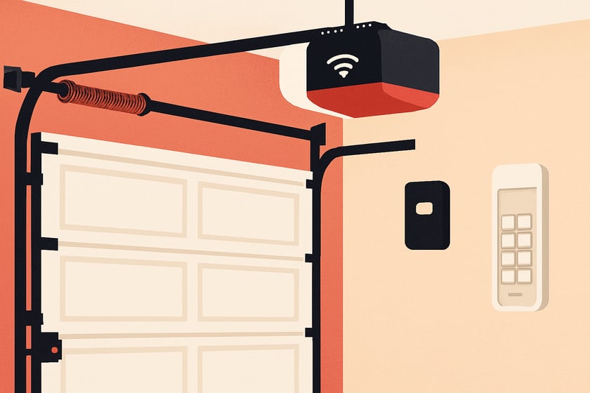 Illustration of a wifi garage door opener with a remote and wireless keypad, for the article What fails first on garage doors in Spring Valley and why it matters for smart openers.