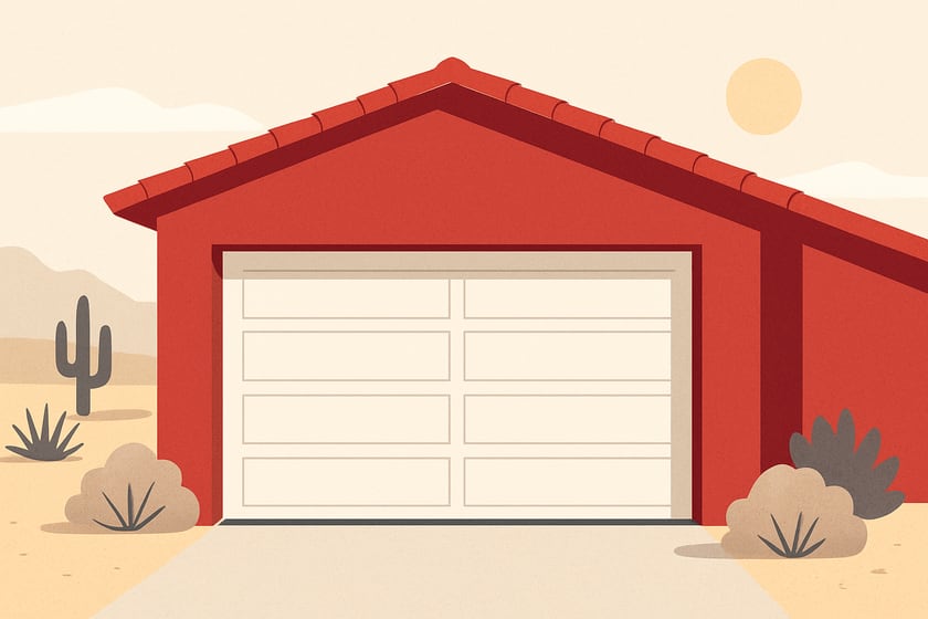 Illustration of a house exterior with a new closed sectional garage door, for the article What Fails First on Garage Doors in Summerlin and How Your Home's Era Matters.