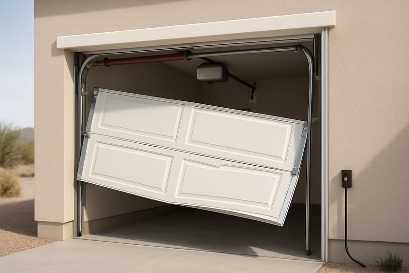 Product shot of a sectional garage door with a roller out of its track, for the article What Is Actually Included In Garage Door Off-Track Repair, And What Is An Add-On.