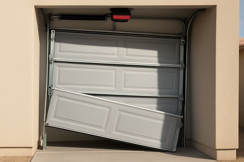 Product shot of a sectional garage door with a roller out of its track, for the article What Results Should You Actually Expect From Garage Door Off Track Repair, And What Will It Not Fix.