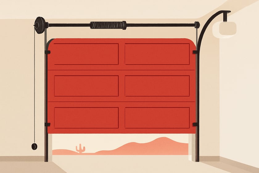 Illustration of a sectional garage door with its spring, cables and rollers, for the article What Is Actually Included In Garage Door Repair, And What Is An Add-On.