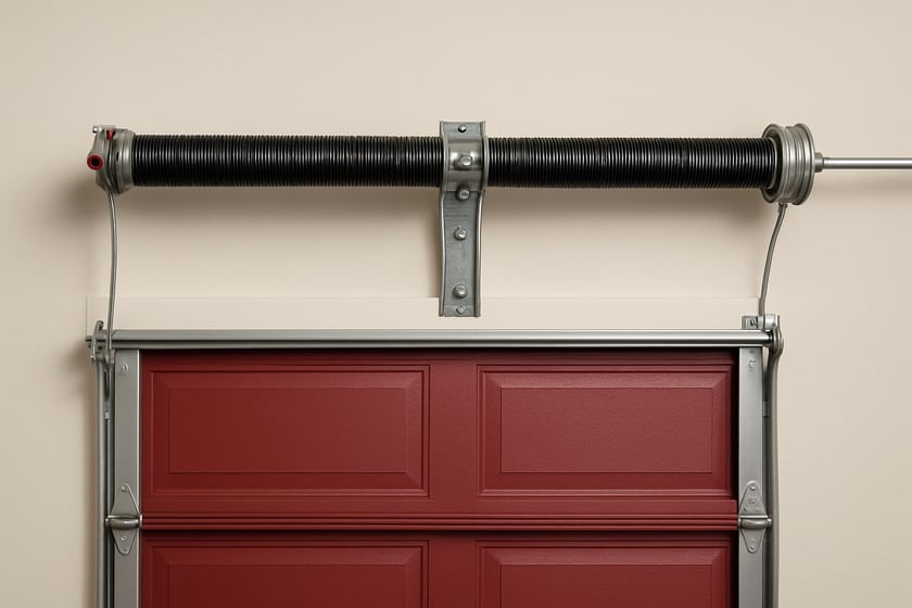 Product shot of a torsion spring on its shaft above a closed garage door, for the article What Is Actually Included In Garage Door Spring Repair, And What Is An Add-On.