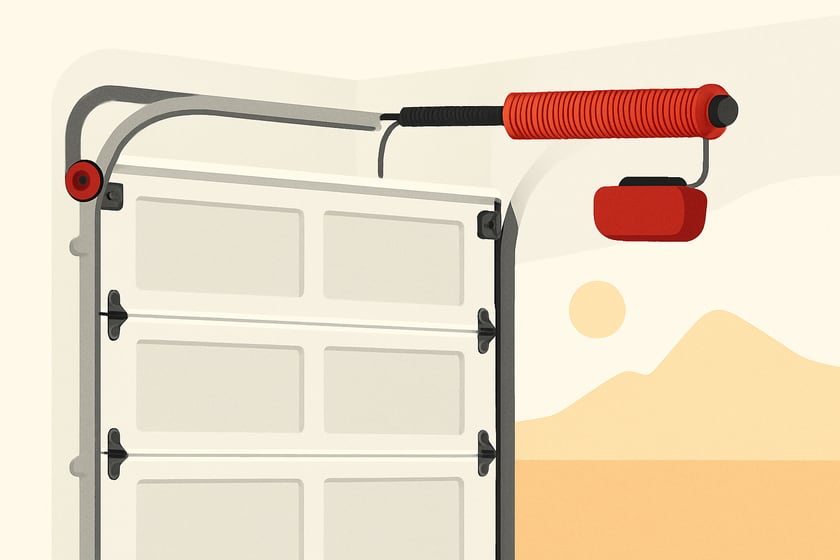Illustration of garage door rollers, hinges and a spring along the track, for the article What Results Should You Actually Expect From a Garage Door Tune-Up, and What Will It Not Fix?