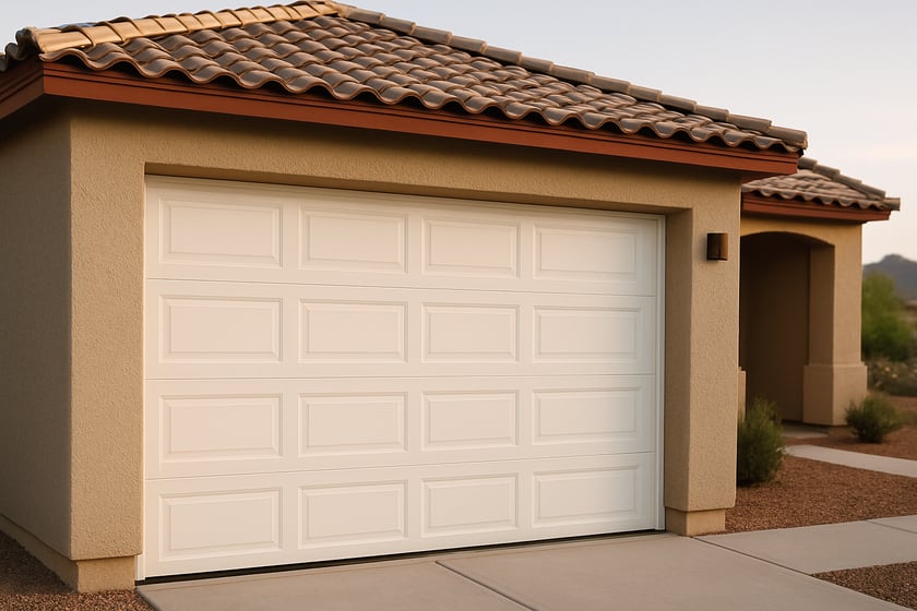 Product shot of a house exterior with a new closed sectional garage door, for the article What Happens If You Wait To Replace A Warped Garage Door Panel.