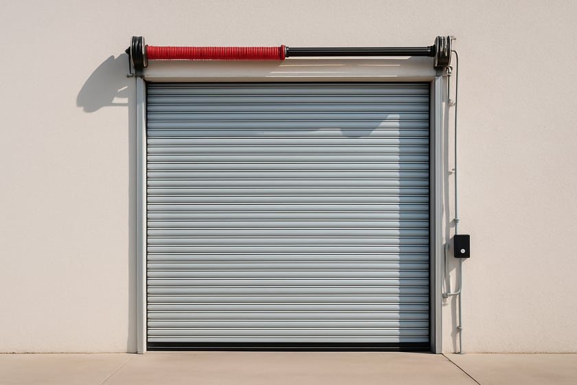 Product shot of a closed commercial steel roll up door against a plain wall, for the article What Happens If You Wait To Fix A Weak Commercial Garage Door Spring.