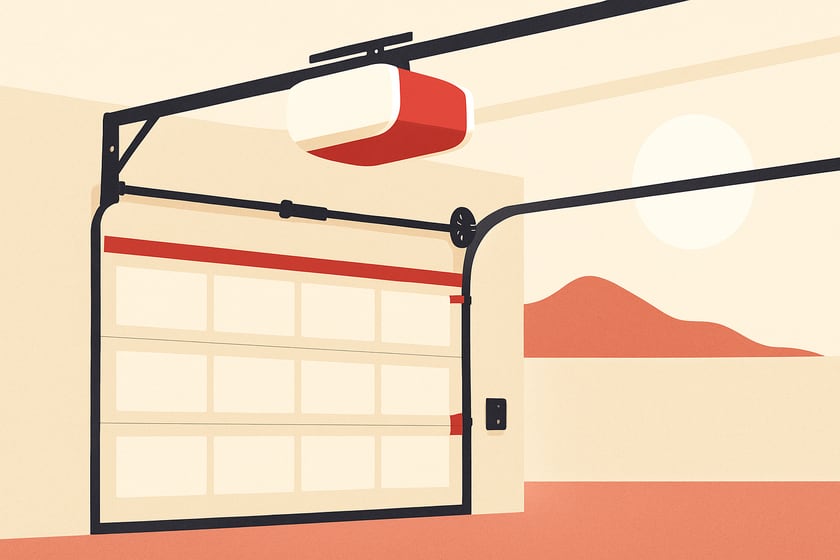 Illustration of a belt drive garage door opener mounted above a closed door, for the article What happens if you wait to fix garage door opener safety issues.