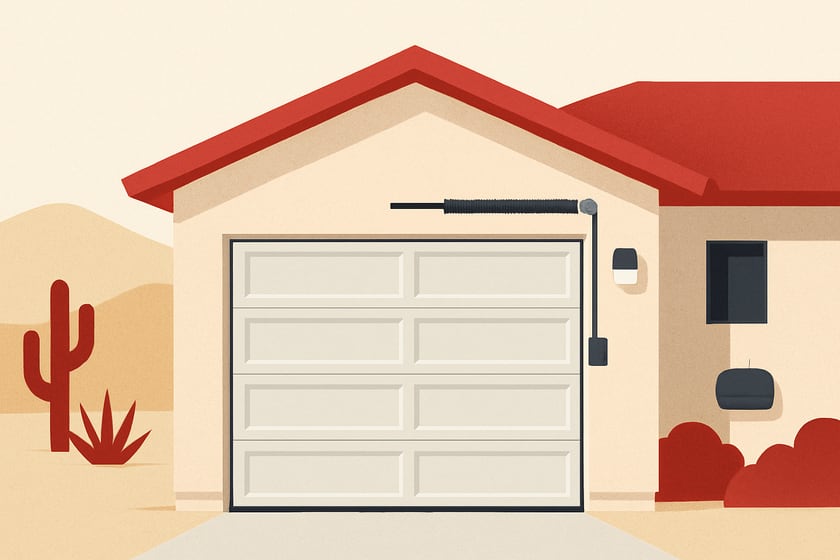 Illustration of a house exterior with a new closed sectional garage door, for the article What happens if you wait to replace a non insulated garage door.