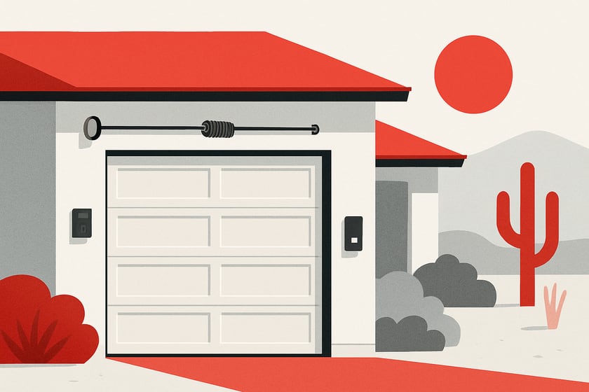Illustration of a house exterior with a new closed sectional garage door, for the article What Happens If You Wait To Replace An Old Garage Door.