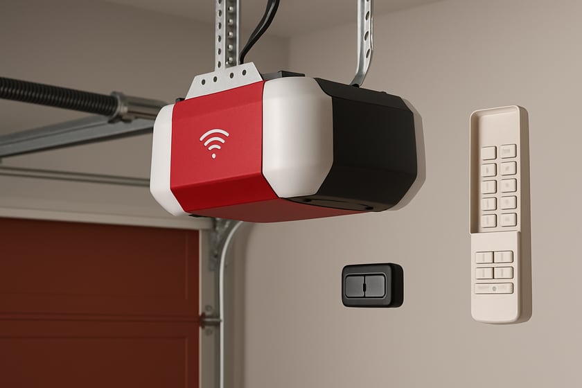 Product shot of a wifi garage door opener with a remote and wireless keypad, for the article What Happens If You Wait To Fix Smart Garage Door Opener Problems.