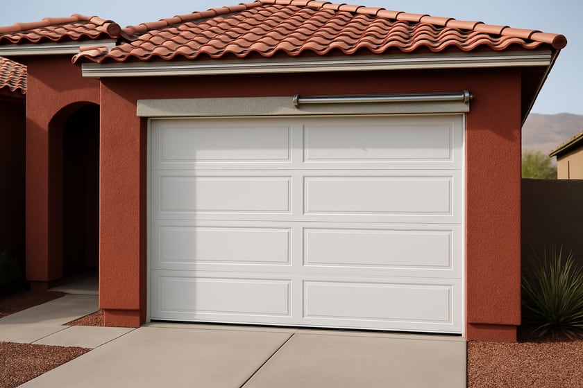 Product shot of a house exterior with a new closed sectional garage door, for the article What Results Should You Actually Expect From New Garage Door Installation, and What Will It Not Fix?